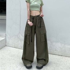 Y2K Baggy Harajuku Trendy Casual Street Hip-hop High Waist Wide Leg Pants - Green Fabric