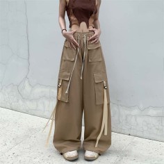 Y2K Baggy Harajuku Trendy Casual Street Hip-hop High Waist Wide Leg Pants - Khaki Fabric