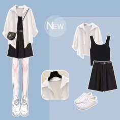 Summer Spring Style Korean Kpop Kdrama Sunscreen Shirt Top Vest Shorts Matching Set - Dirty White Black Polyester Cotton