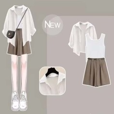 Summer Spring Style Korean Kpop Kdrama Sunscreen Shirt Top Vest Shorts Matching Set - Dirty White Brown Polyester Cotton