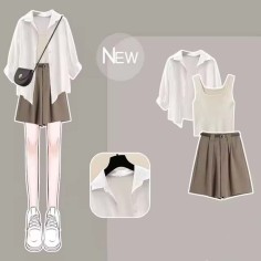 Summer Spring Style Korean Kpop Kdrama Sunscreen Shirt Top Vest Shorts Matching Set - Dirty White Brown Polyester Cotton