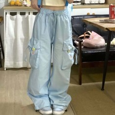 Punk Kpop Harajuku Y2k Multi Pocket Loose Parachute Oversize High Waist Baggy Pants - Blue Polyester