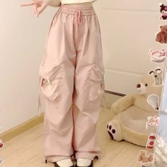 Punk Kpop Harajuku Y2k Multi Pocket Loose Parachute Oversize High Waist Baggy Pants - Pink Polyester