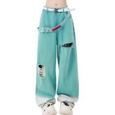 Punk Kpop Harajuku Streetwear High Waist American Wide Gothic Pants - Blue Denim