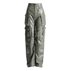 Punk Kpop Harajuku Y2k Solid High Waist Multi Pocket Loose Fit Pants - Light Green Faux Leather