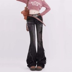 Punk Kpop Harajuku Raw Edge Design Flared Wide Leg Patchwork Pants - Black Denim