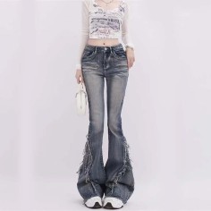Punk Kpop Harajuku Raw Edge Design Flared Wide Leg Patchwork Pants - Blue Denim