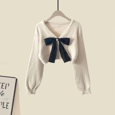 Autumn Style Korean Kpop Kdrama Bowtie Knitted Sweaters Elegant Bowtie Knitted Sweaters - Beige Polyester Cotton