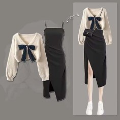 Autumn Style Korean Kpop Kdrama Bowtie Knitted Sweaters Elegant Bow Cardigan Strap Skirt Matching Set - Beige Black Polyester Cotton