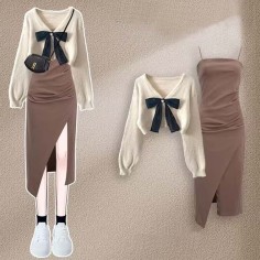 Autumn Style Korean Kpop Kdrama Bowtie Knitted Sweaters Elegant Bow Cardigan Strap Skirt Matching Set - Brown Black Polyester Cotton