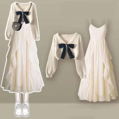 Autumn Style Korean Kpop Kdrama Bowtie Knitted Sweaters Elegant Bow Cardigan Strap Skirt Matching Set - Beige Polyester Cotton