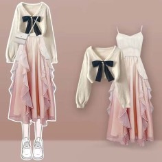 Autumn Style Korean Kpop Kdrama Bowtie Knitted Sweaters Elegant Bow Cardigan Strap Skirt Matching Set - Beige Pink Polyester Cotton