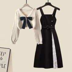 Autumn Style Korean Kpop Kdrama Bowtie Knitted Sweaters Elegant Bow Cardigan Strap Skirt Matching Set - Beige Black Polyester Cotton