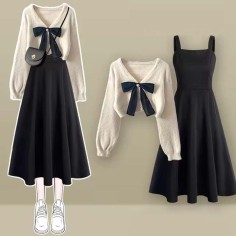 Autumn Style Korean Kpop Kdrama Bowtie Knitted Sweaters Elegant Bow Cardigan Strap Skirt Matching Set - Beige Black Polyester Cotton