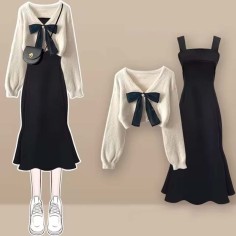 Autumn Style Korean Kpop Kdrama Bowtie Knitted Sweaters Elegant Bow Cardigan Strap Skirt Matching Set - Beige Black Polyester Cotton
