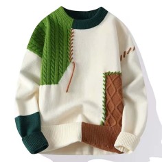Korean Japanese Fashion Kpop KDrama Turtleneck Patchwork Stitch Decorated Pullovers Winter Unisex Sweater - Green Cotton Polyester