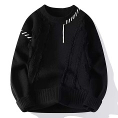 Korean Japanese Fashion Kpop KDrama Turtleneck Patchwork Stitch Decorated Pullovers Winter Unisex Sweater - Black Cotton Polyester