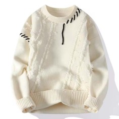 Korean Japanese Fashion Kpop KDrama Turtleneck Patchwork Stitch Decorated Pullovers Winter Unisex Sweater - White Cotton Polyester