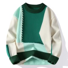 Korean Japanese Fashion Kpop KDrama Turtleneck Patchwork Stitch Decorated Pullovers Winter Unisex Sweater - Green Cotton Polyester