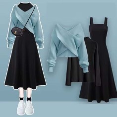 Autumn Style Korean Kpop Kdrama Long Sleveed Three Piece Matching Set - Blue Black Polyester Cotton