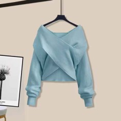 Autumn Style Korean Kpop Kdrama Long Sleveed Sweater - Blue Polyester Cotton