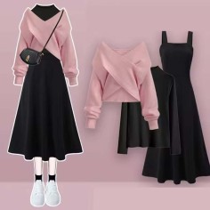 Autumn Style Korean Kpop Kdrama Long Sleveed Three Piece Matching Set - Pink Black Polyester Cotton
