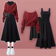 Autumn Style Korean Kpop Kdrama Long Sleveed Three Piece Matching Set - Red Black Polyester Cotton
