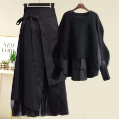 Autumn Style Korean Kpop Kdrama Fake Two Piece Knit Sweater with Strap A Line Skirt Suit Pullover Dress Set - Black Polyester Cotton