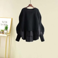 Autumn Style Korean Kpop Kdrama Fake Two Piece Knit Sweater  - Black Polyester Cotton