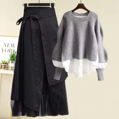 Autumn Style Korean Kpop Kdrama Fake Two Piece Knit Sweater with Strap A Line Skirt Suit Pullover Dress Set - Gray Polyester Cotton