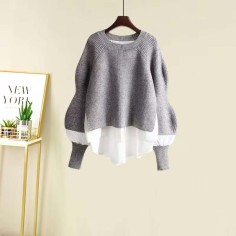 Autumn Style Korean Kpop Kdrama Fake Two Piece Knit Sweater  - Gray Polyester Cotton