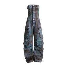 Punk Kpop Harajuku Y2k Multi Jumpsuit Wide Leg Old Washed Vintage Pants - Blue Denim
