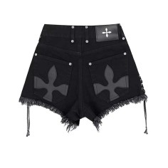 Punk Kpop Harajuku Gothic Mini Cross Decorated Shorts - Black Denim