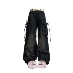 Vintage Style 90s Aesthetic High Waist Trashy Punk Kpop Harajuku Cargo Baggy Pants - Black Denim