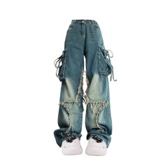 Vintage Style 90s Aesthetic High Waist Trashy Punk Kpop Harajuku Cargo Baggy Pants - Blue Denim