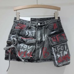 Punk Kpop Harajuku Y2k Multiple Pockets Graffiti Mini Skirts - Gray Denim