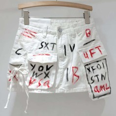 Punk Kpop Harajuku Y2k Multiple Pockets Graffiti Mini Skirts - White Denim