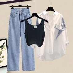 Spring Summer Style Korean Kpop Kdrama Casual Stripe Sunscreen Shirt Vest Pants 3 pcs Set - Black Polyester Cotton Denim