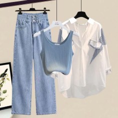 Spring Summer Style Korean Kpop Kdrama Casual Stripe Sunscreen Shirt Vest Pants 3 pcs Set - Blue Polyester Cotton Denim