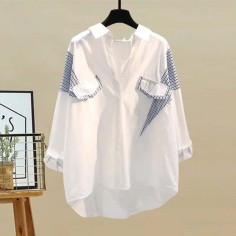 Spring Summer Style Korean Kpop Kdrama Casual Stripe Shirts - White Polyester Cotton