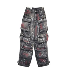 Punk Kpop Harajuku Y2k Streetwear High Waist Multiple Pockets Graffiti Cargo Pants - Gray Denim