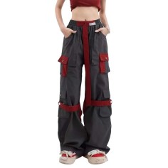 Punk Kpop Hiphop Harajuku Y2k High Waist Color Block Overalls Casual Straight Leg Streetwear Pants - Gray Red Cotton