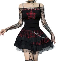 Gothic Cyber Punk Emo Alt Grunge Hotsweet Plaid Star Patchwork Crop Tank Tops - Black Polyester Cotton