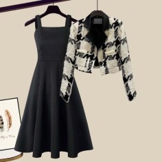 Autumn Spring Style Korean Kpop Kdrama Korean Edition High End Short Coat Age Reducing Dress 2 pcs Set - Black Beige Polyester Cotton