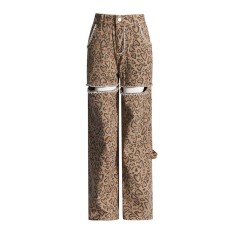 Punk Kpop Harajuku Y2k Solid Hollow Out Patchwork Rhinestones Heart Shaped Leaopard Print Pants - Leopard Denim