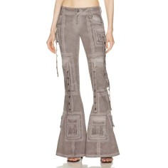Punk Kpop Harajuku Y2k Solid Hollow Out High Waist Spliced Pocket Streetwear Wide Leg Cargo Pants - Khaki Denim