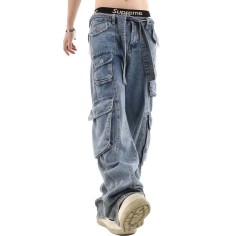 American Stereoscopic Multi Pocket Washed Straight Tube Loose Relaxed Long Workwear Jeans - Blue Denim