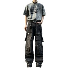 Punk Kpop Harajuku Y2k Streetwear Loose Straight Leg Hip Hop Loose Fit Multiple Pockets Cargo Pants - Gray Denim
