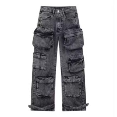 Punk Kpop Harajuku Streetwear Multiple Casual Fashion Pockets Baggy Gothic Workwear Pants - Black Denim