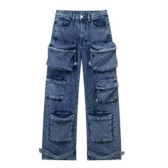 Punk Kpop Harajuku Streetwear Multiple Casual Fashion Pockets Baggy Gothic Workwear Pants - Blue Denim